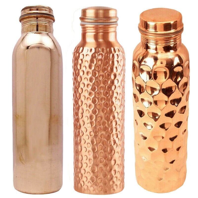 Copper Water Bottle For Health Benefits Hammered, Plain & Diamond, Set Of 3 Pcs
