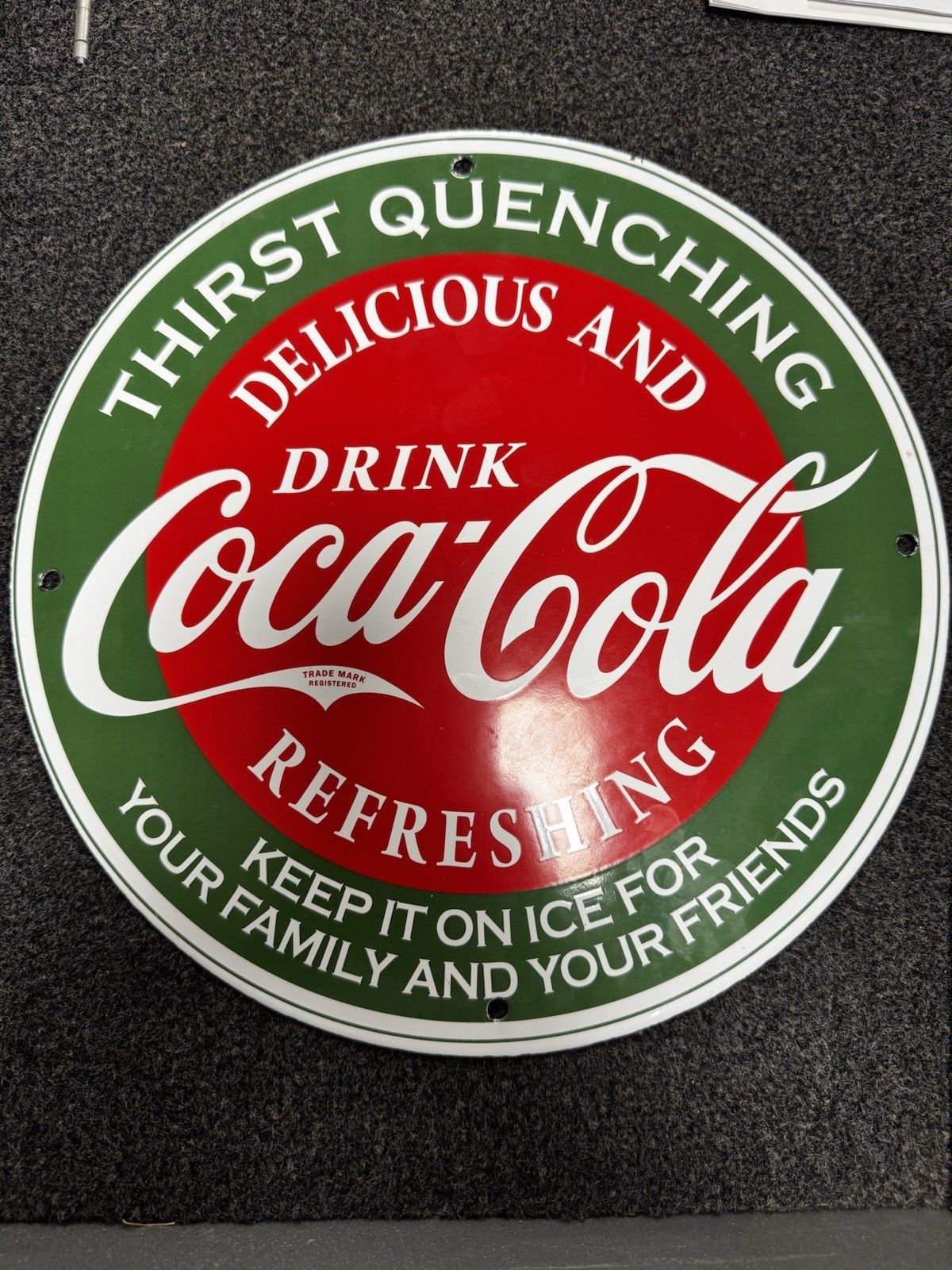 AUTHENTIC COCA COLA THIRST QUENCHING BAKED ON PORCELAIN FINISH SIGN 12IN EC