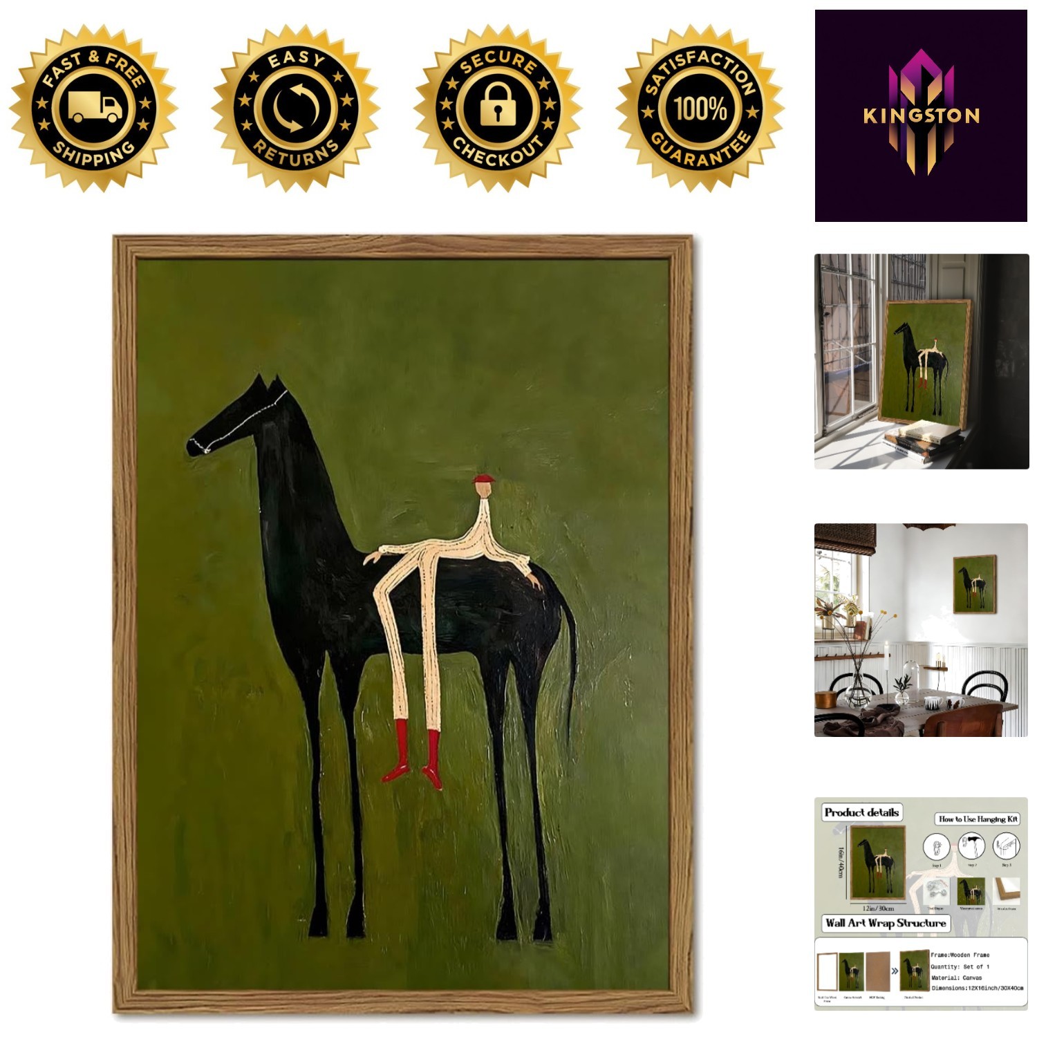 Vintage Abstract Cowboy Wall Art - Framed Horse Rider Canvas 12x16 Inch