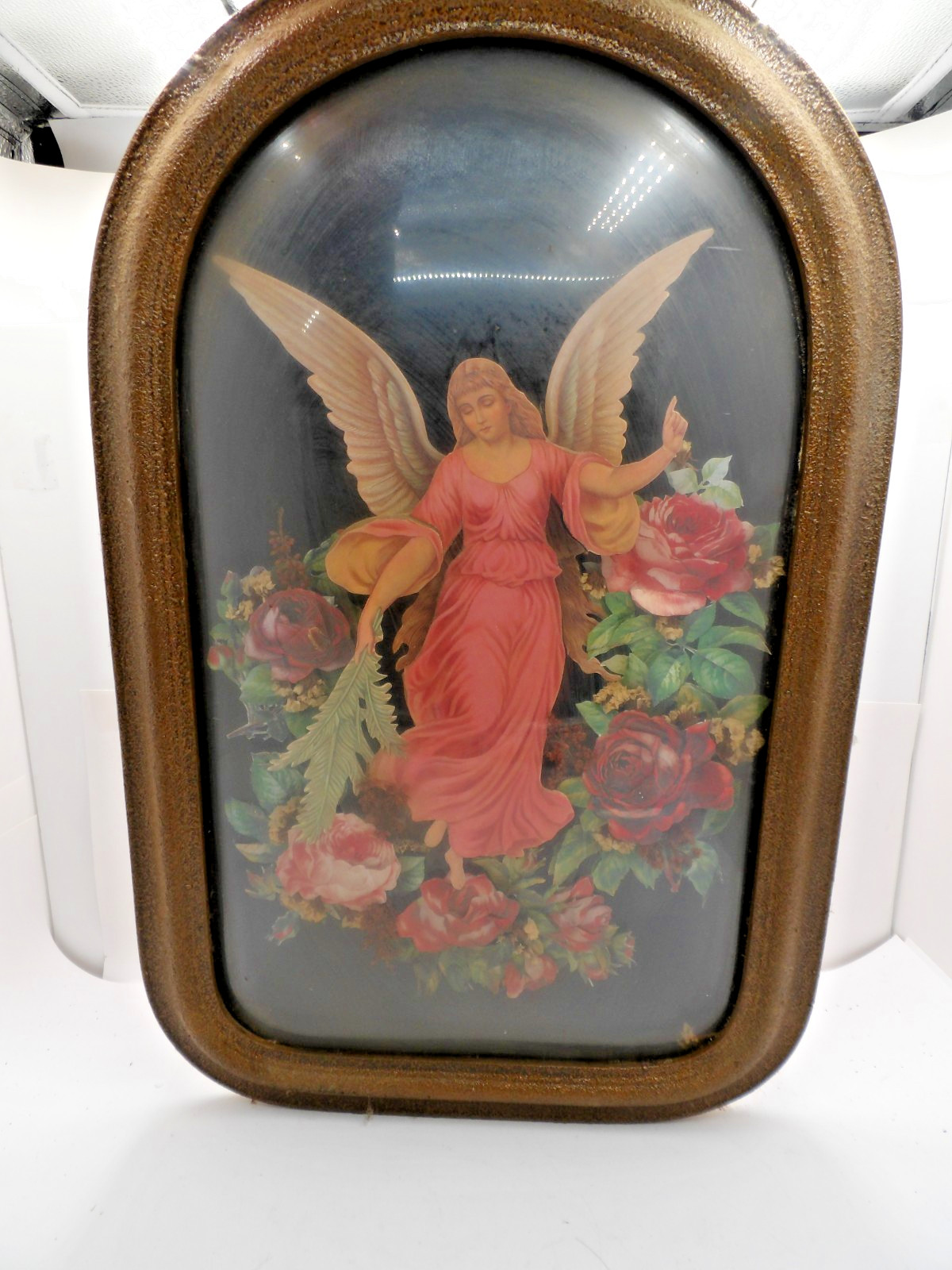 Vintage Victorian Guardian Angel Chromolithograph Convex Bubble Glass Oval Frame