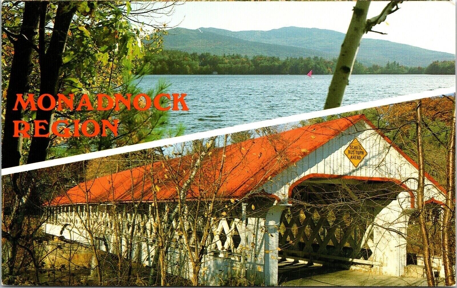 Monadnock Region Dual View Old Covered Bridge Lake Mountains Postcard UNP VTG