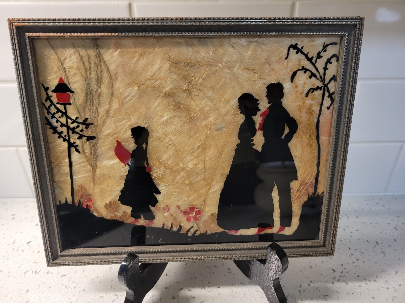 Vintage Reverse Painted Silhouette Artwork Victorian Couple and Child in Garden