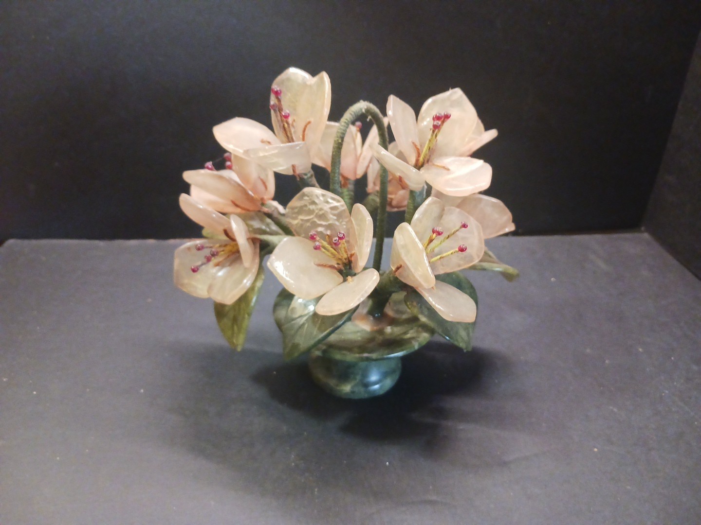 Chinese Jade Quartz Stone Flowers in Basket Base 5 Inch
