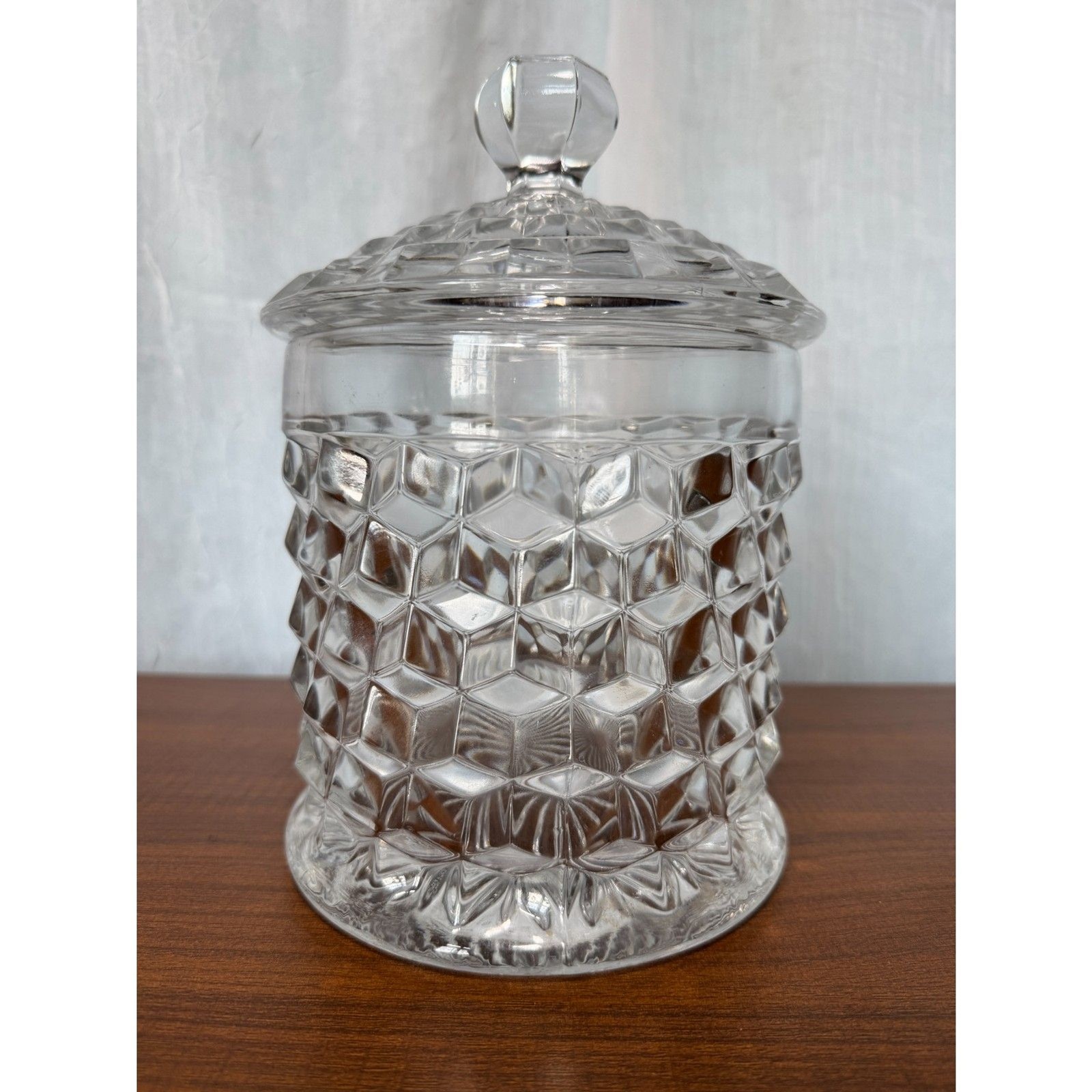 Vintage Fostoria American Glass Cookie Jar with Lid 2056 Diamond Cube Pattern
