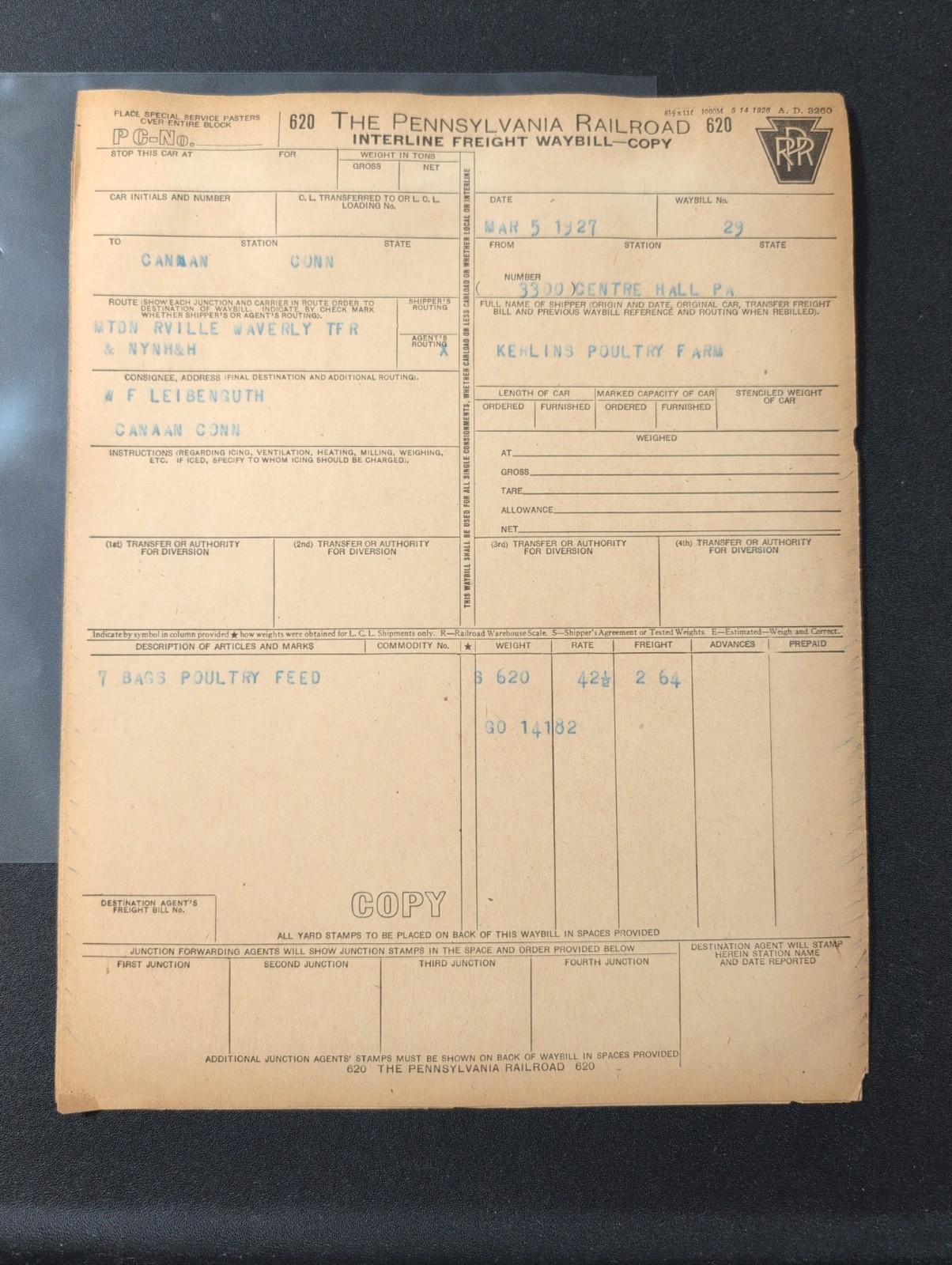 1927 Pennsylvania Railroad Freight Waybill Ephemera - Kerlins Poultry Feed...