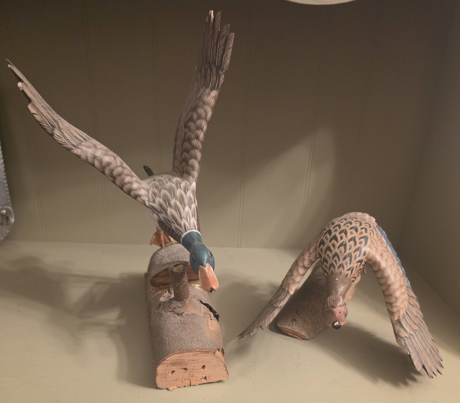 Vintage James Lapham Hand Carved Flying Mallard Duck Wood Sculpture Pair Signed 