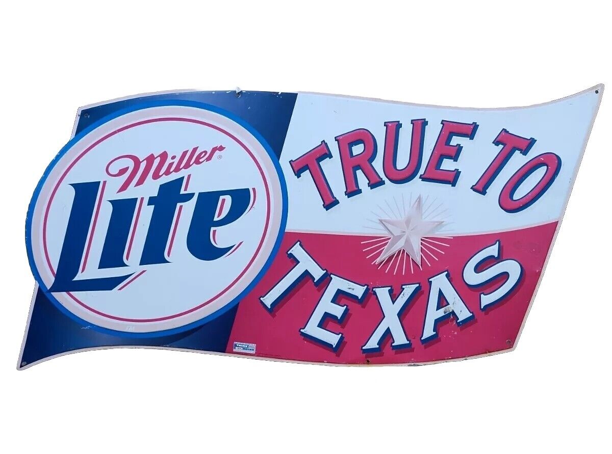 Vintage Miller Lite Sign True To Texas Flag Tin Beer Advertising Collectible