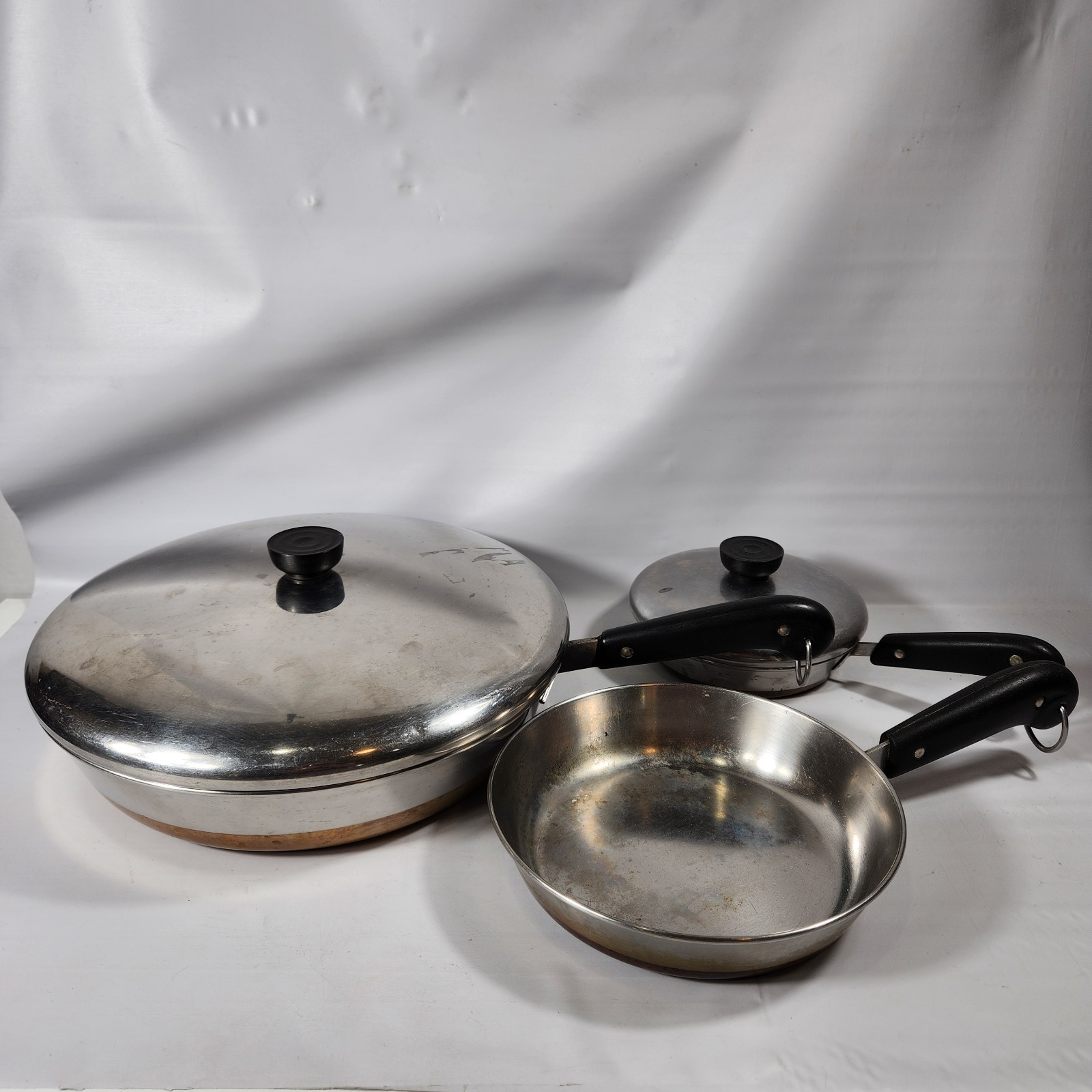 Lot Vtg Revere Ware Copper Bottom Skillet Fry Pans Lids  '80 USA Stainless