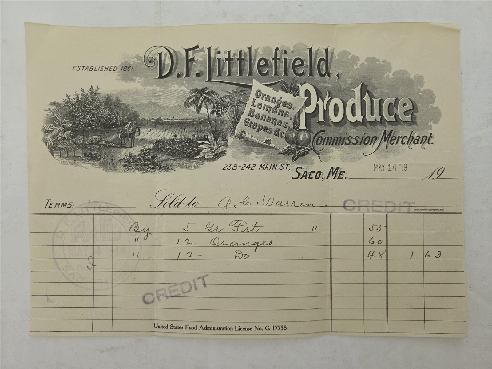 1919 antique D.F. LITTLEFIELD saco me PRODUCE COMMISSION MERCHANT fruit BILLHEAD