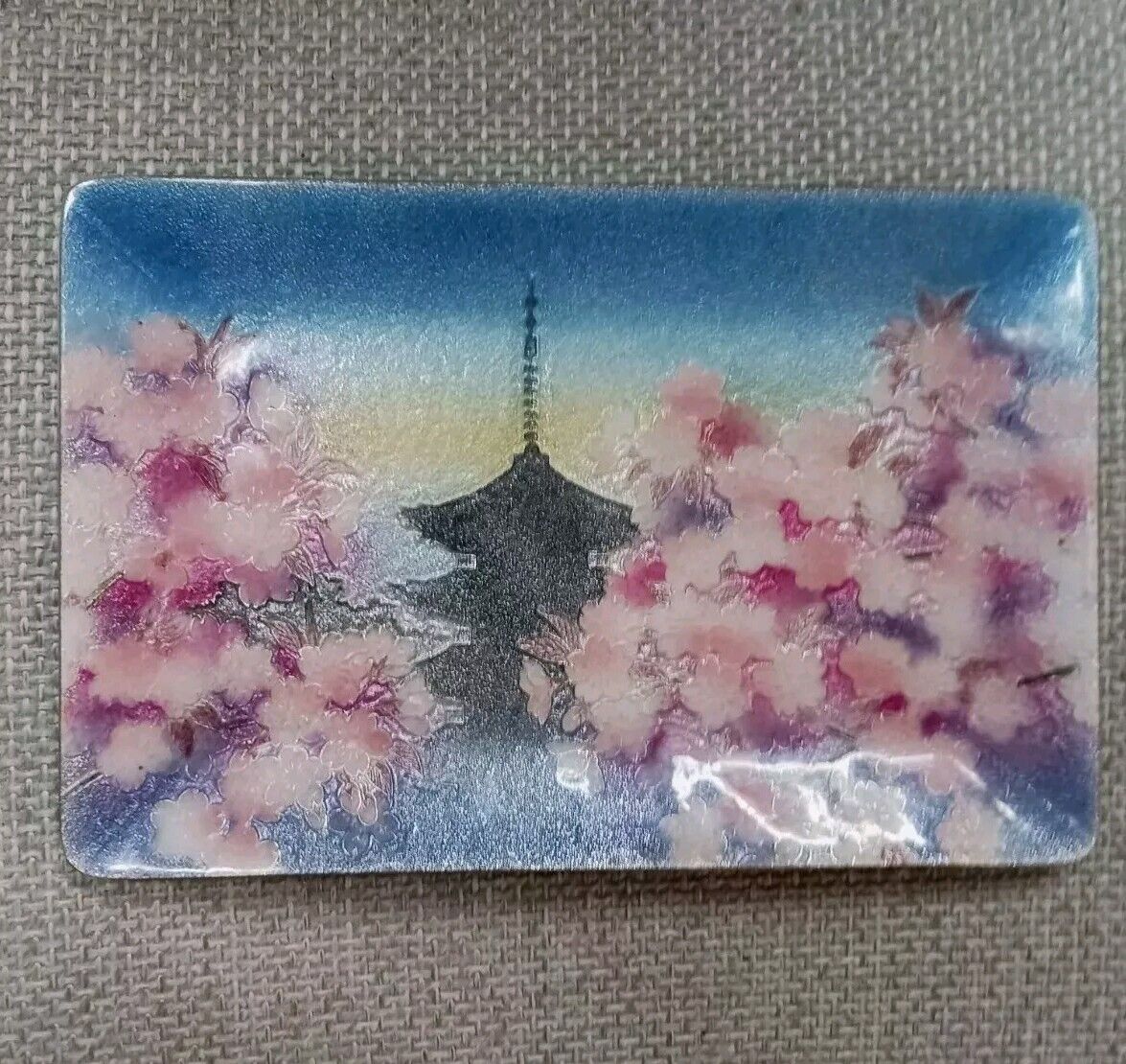 Japanese Vintage Colorful Cloissone Pagoda & Cherry Blossoms Trinket Tray Dish 