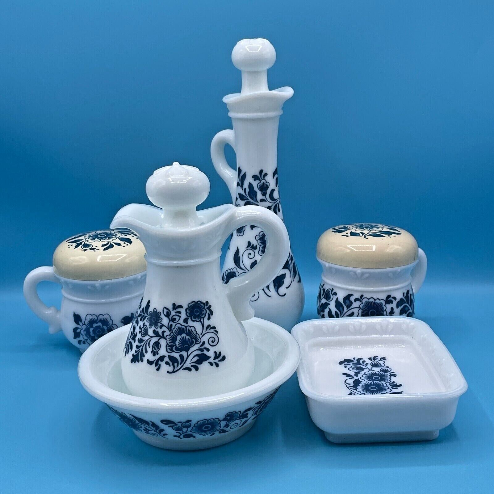 Set of (6) Vintage Avon Milk Glass Items with Dark Blue Flower Design