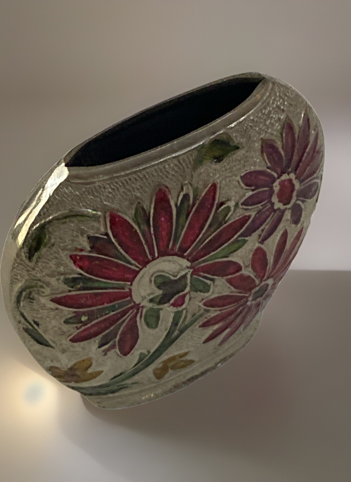 Vintage White Brass Enamel Hand Painted Floral Pattern Small Vase Pretty & Heavy