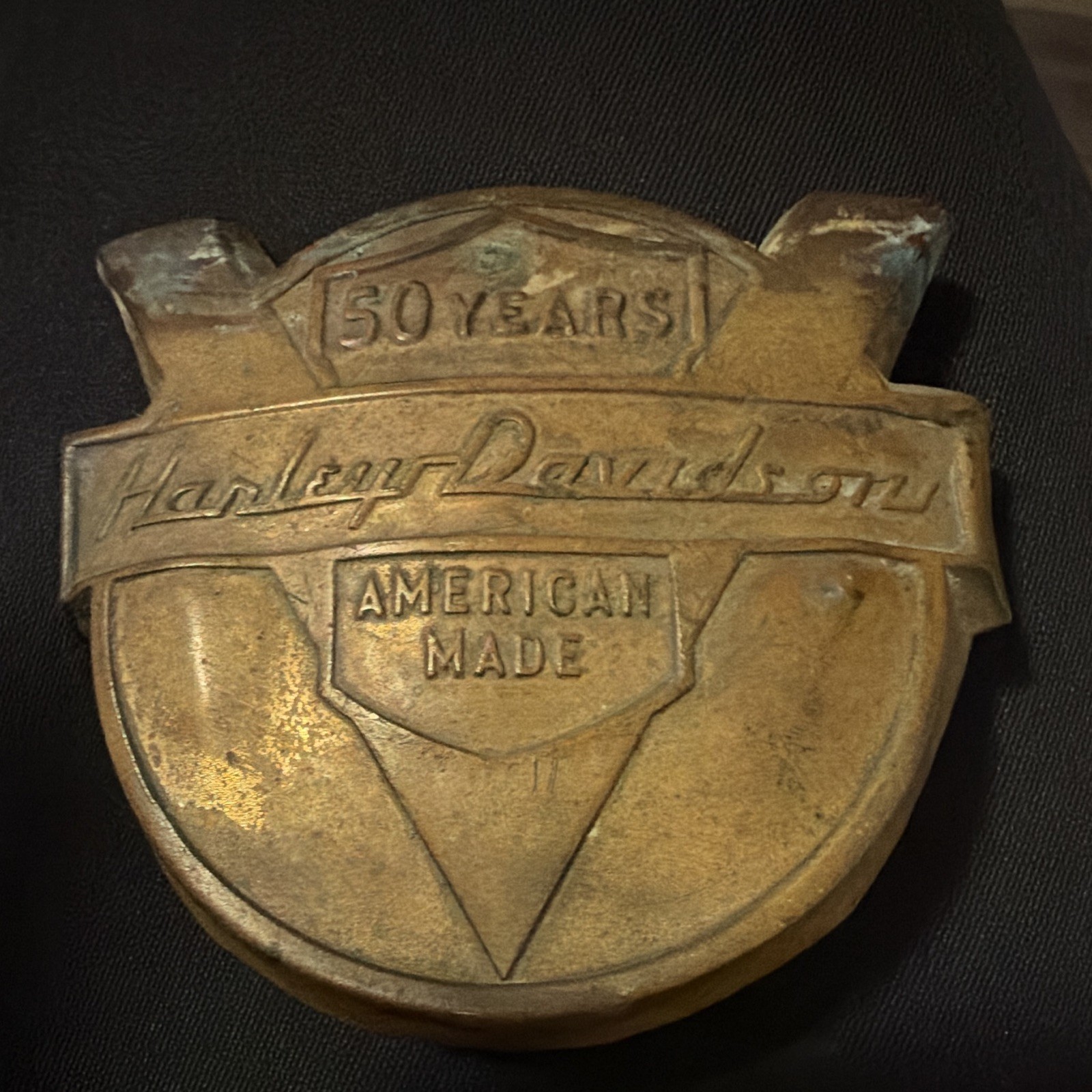 Original vintage Harley-Davidson 50th Anniversary front fender emblem 1953-1945