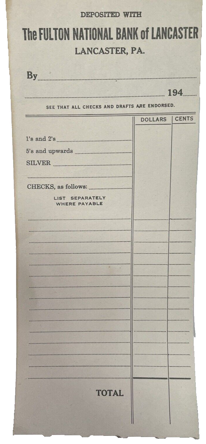 Vintage Fulton National Bank Deposit Slip 1940's Blank Lancaster PA origin NOS