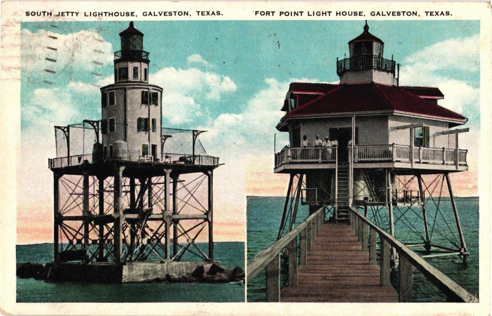 1926 S. Jetty Lighthouse Fort Point Harbor Galveston Texas Vintage Postcard
