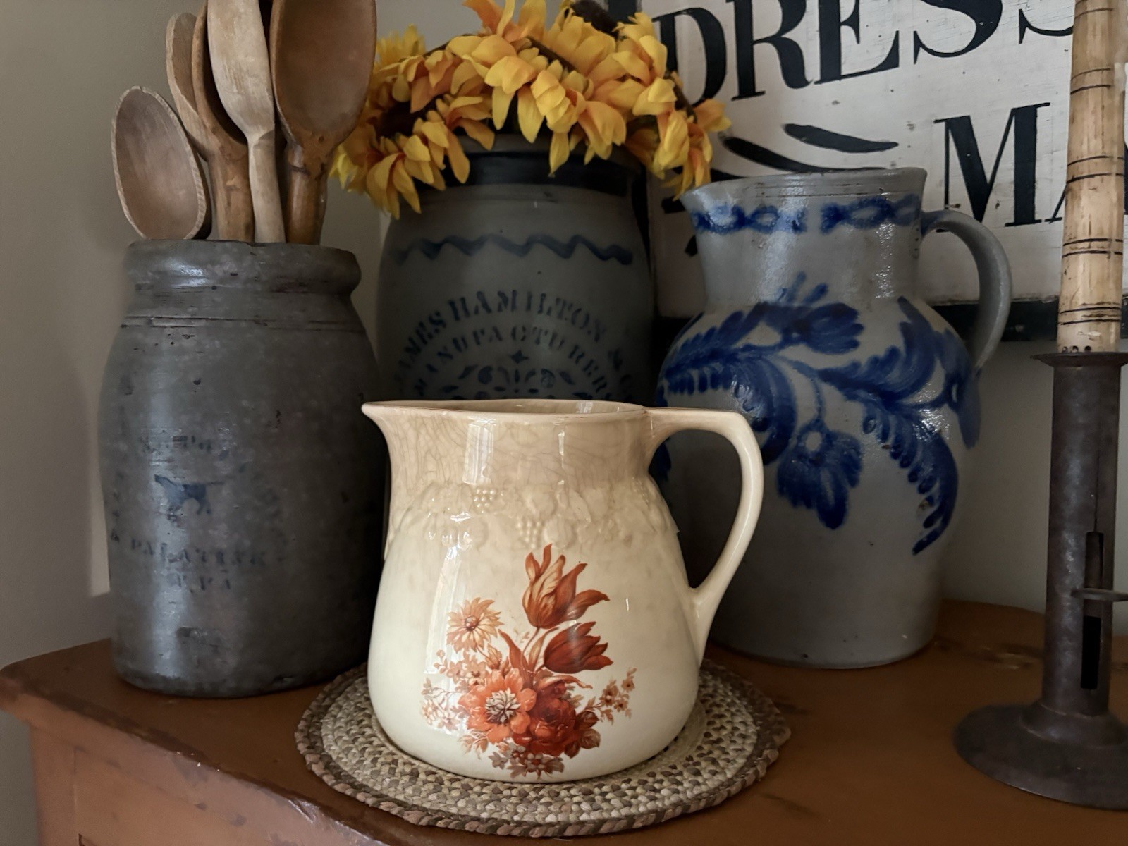 ATQ Stoneware Orange Floral Pitcher - Stained & Crazed - Utensil Holder - 6