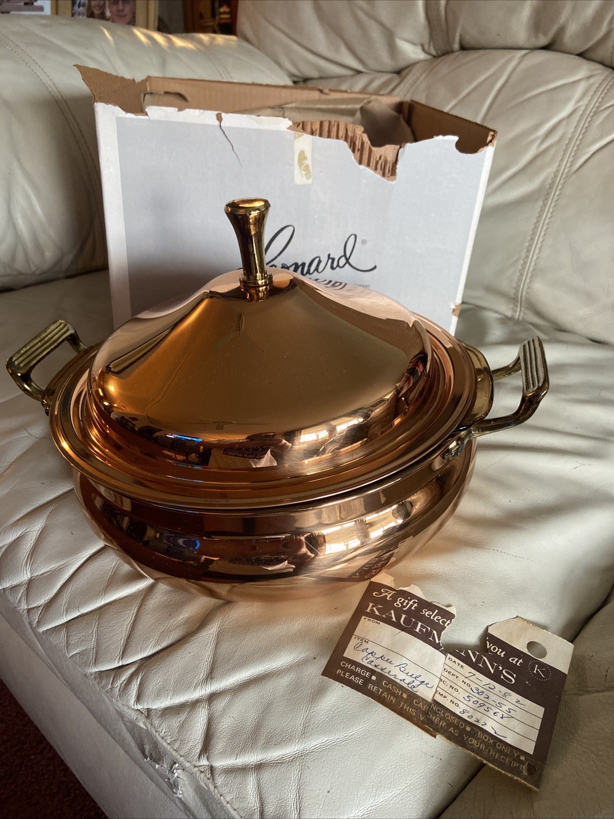 Vintage NEW Leonard EP Copper Pot 9” 3.5” Brass Handles Glass Bowl Lid W/Box MCM