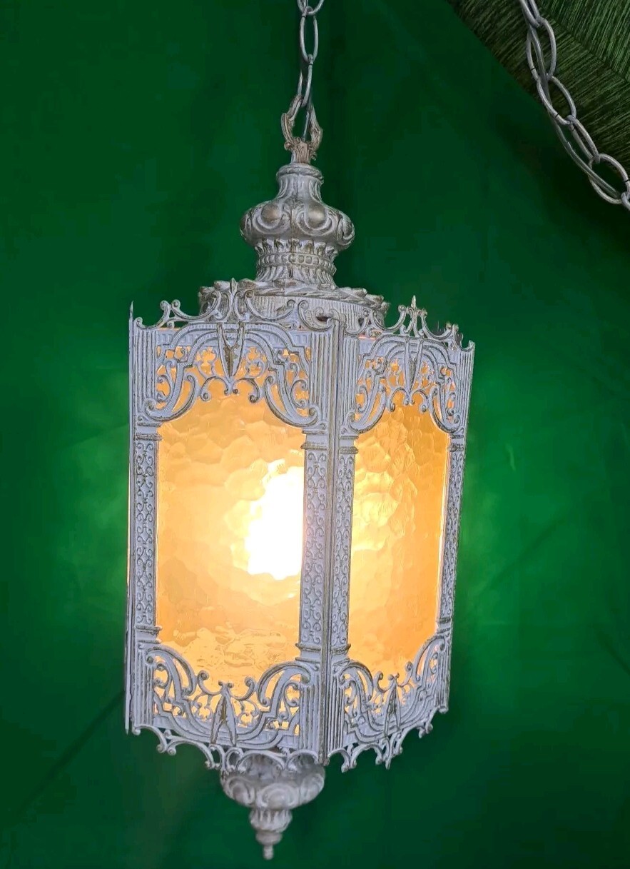 NICE MCM White/Gold Gothic Regency Hanging Swag Amber Lantern Light Fixture USED