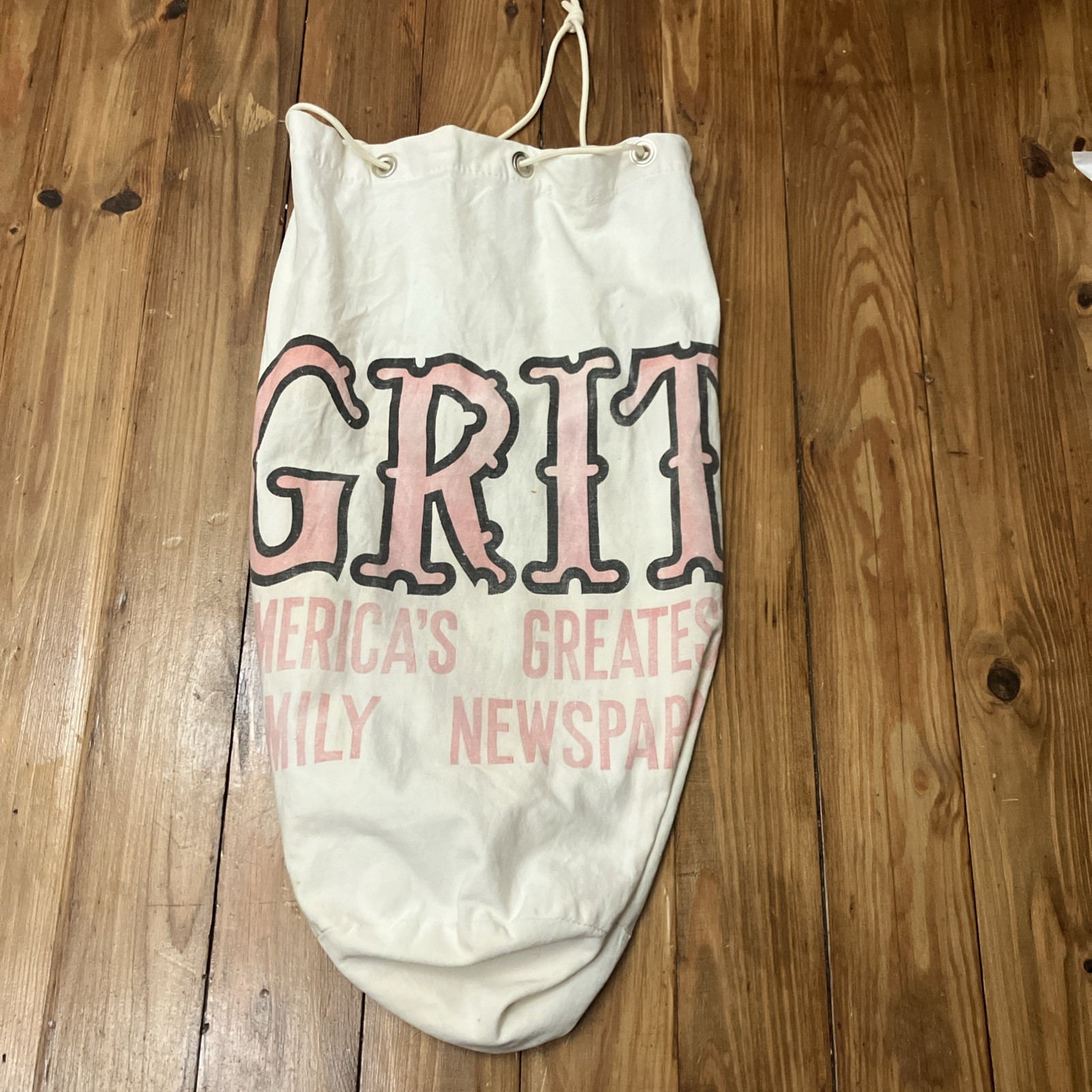 Vintage GRIT Newspaper Canvas Delivery String Bag 1970s Paperboy USA Stains Wear