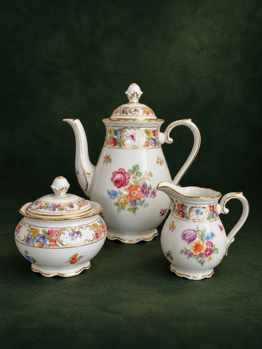 VTG US Zone Schumann Germany Empress Dresden Flowers Tea Pot Set Creamer & Sugar