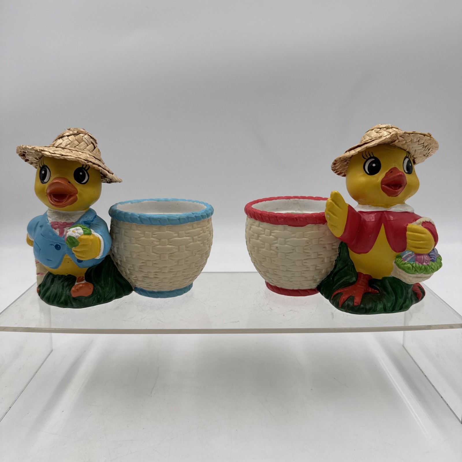 Vtg Hand Painted Ceramic Chick/Duck Planters With Straw Hats Adorable Vtg Hand Painted Ceramic Chick/Duck Planters With Straw Hats Adorable