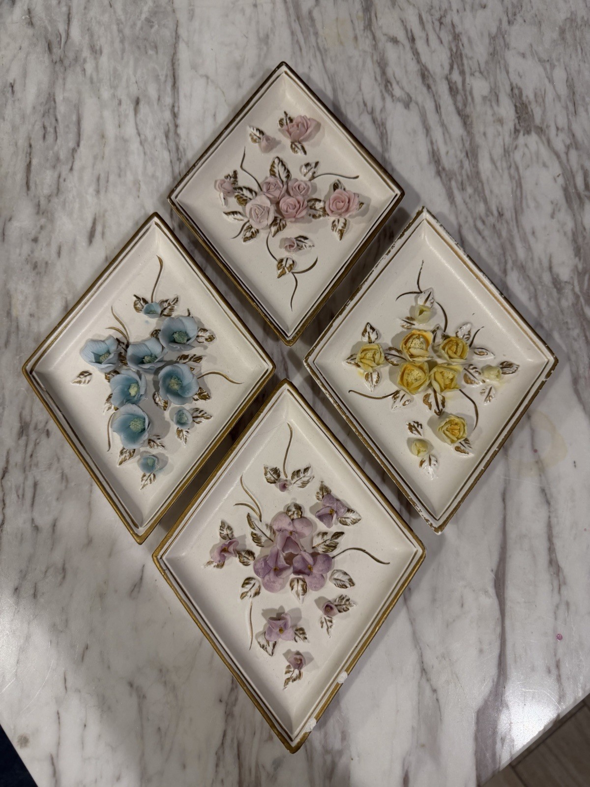 Vintage Lefton Japan 2780 Floral Wall Plaques Set 4 3D Flowers Gold MCM