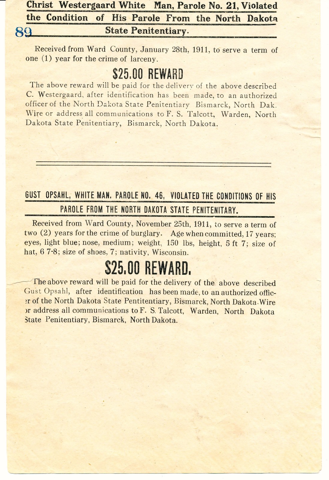 VINTAGE 1911 WANTED CHRIST WESTERGAARD WHITE MAN - PAROLE VIOLATION - $25 REWARD