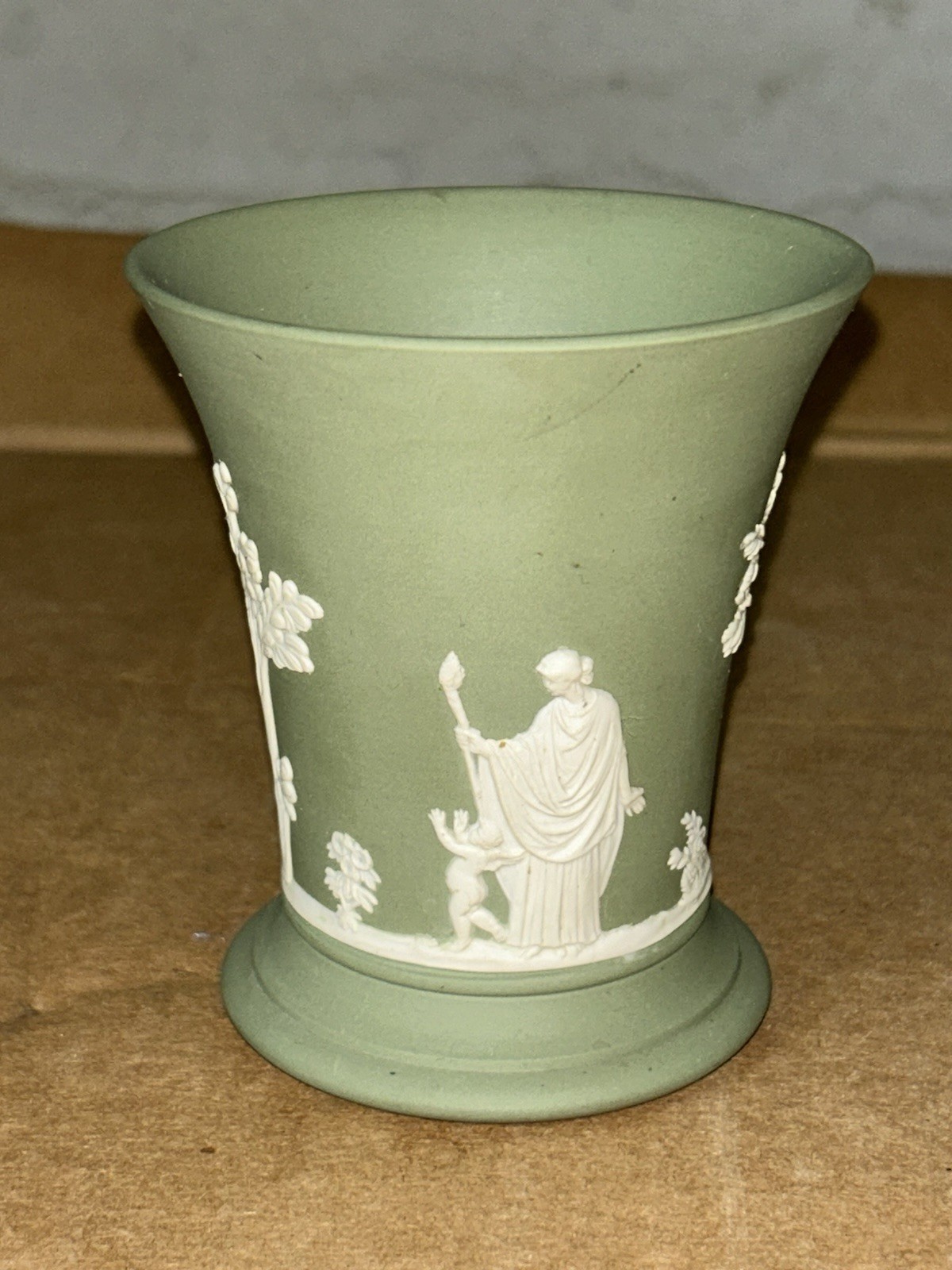Vintage Wedgwood Sage Green Jasperware Vase With Neoclassical Embossed Pictures