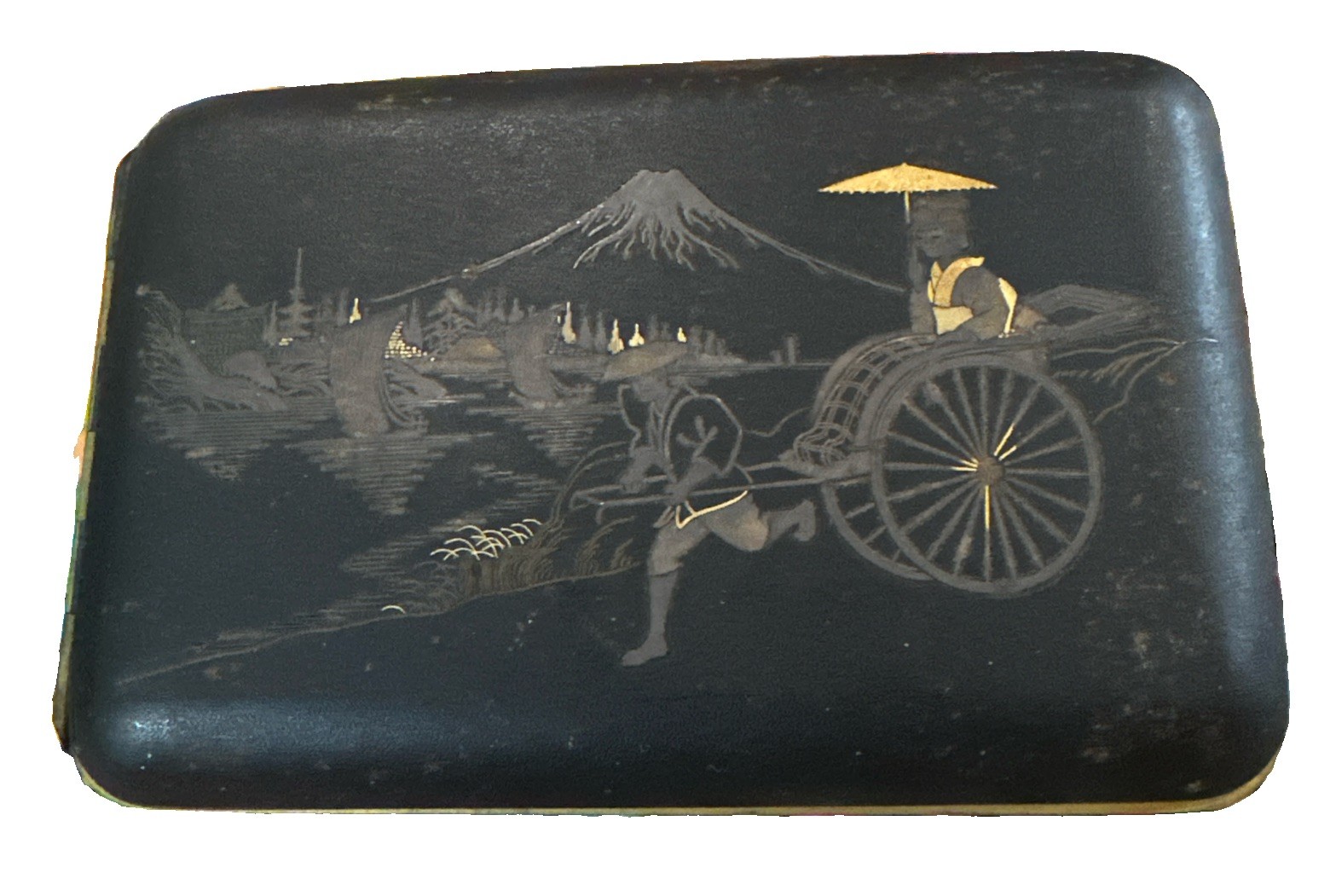 Vintage Japanese Damascene Cigarette Case 24K Gold Inlay Rickshaw Mount Fuji