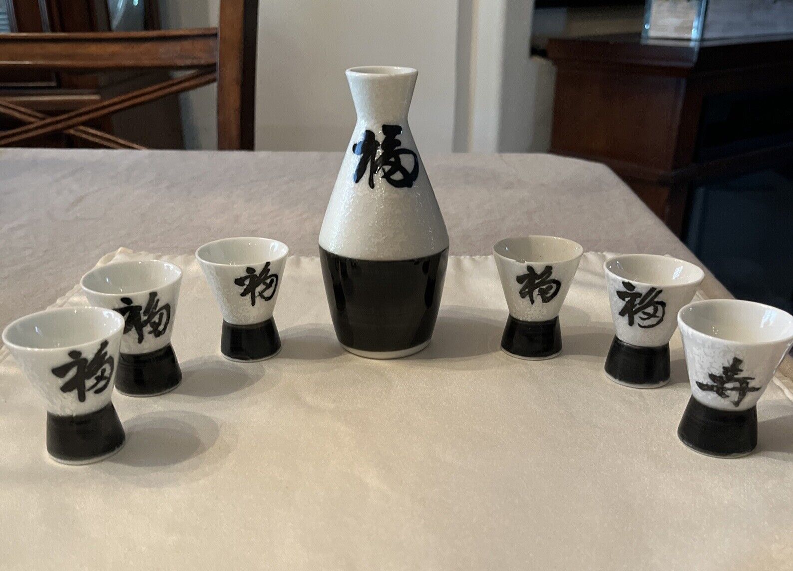 Vintage Handcrafted Otagiri Black White Japan Ceramic Seven Piece Sake Set