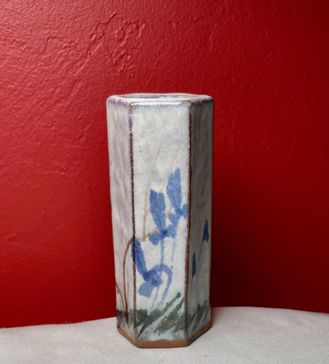Octagon Bud VASE  Stoneware Pottery Gray Glaze Blue Floral 5.5 in Signed