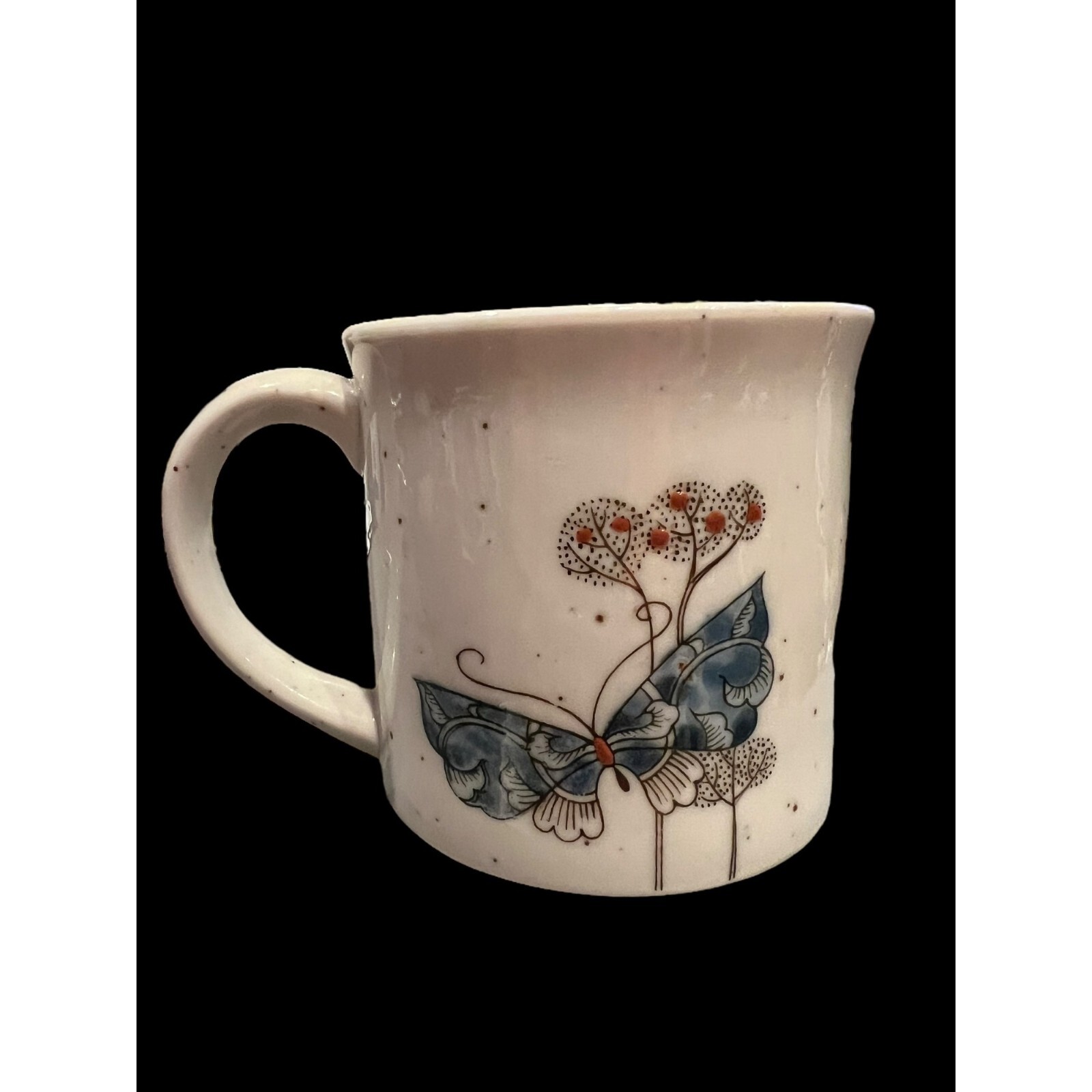 Vintage Speckled Stoneware Hand Painted Butterfly & Poppies Coffee/Tea Mug