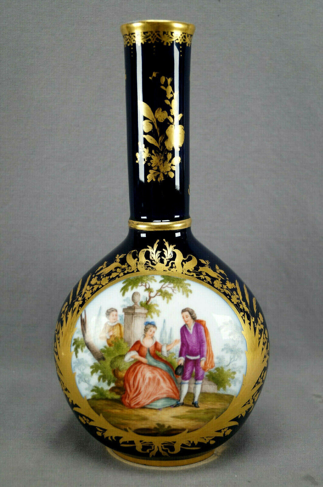 Dresden Wolfsohn Hand Painted Watteau Scene Cobalt & Gold 12 Inch Vase B