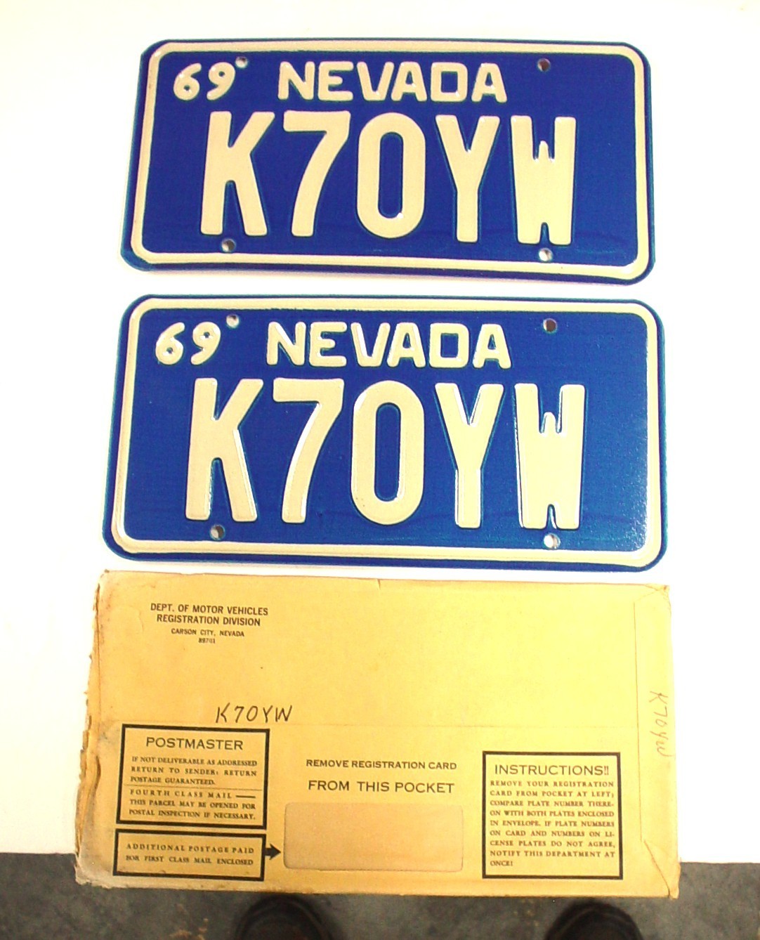 1969 Pair Mint Nevada License Plates K70YW Vintage Recessed