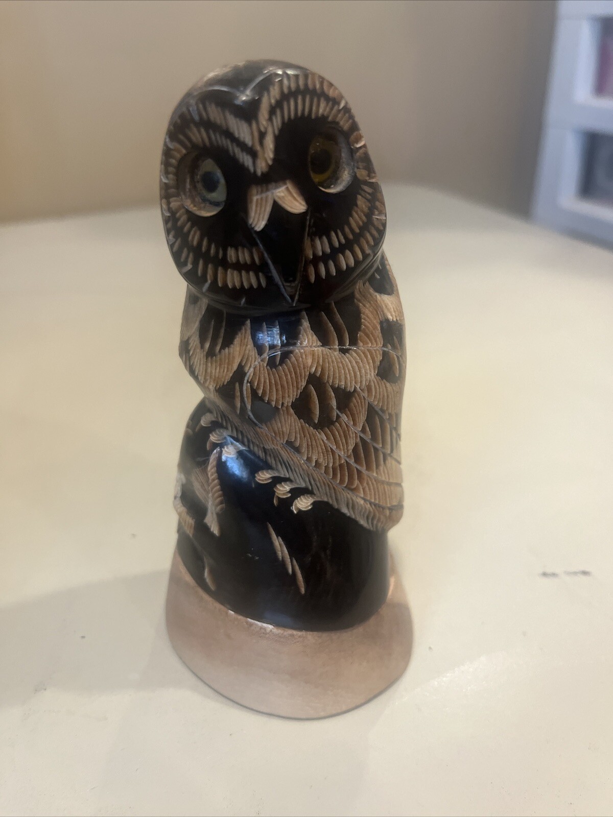 Vintage 5.5” Owl Hand Carved Buffalo Horn Wooden Base By Canadian Design BC