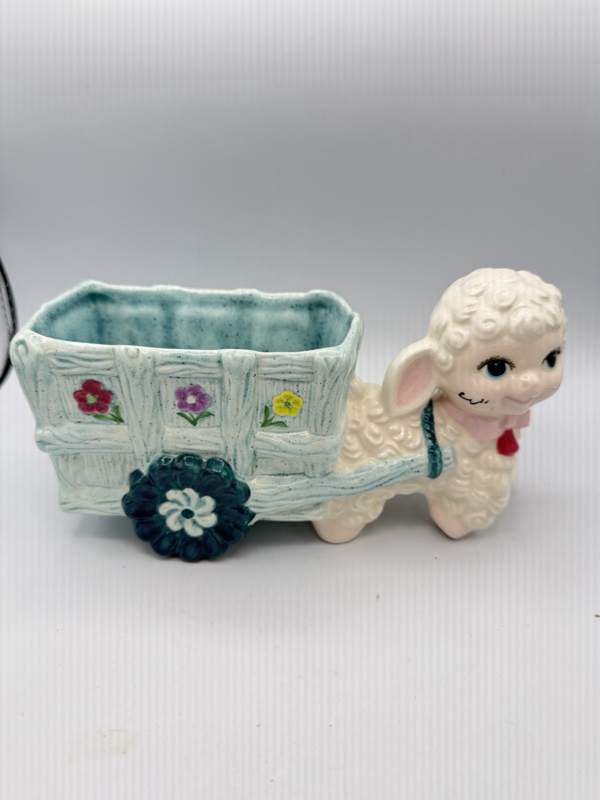 Vtg 1970s Eur-O-Con Lamb Sheep Cart Planter Ceramic Aqua Flower