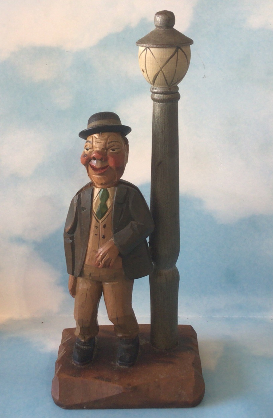 Anri Hand Carved, Painted Drunk On Lamppost W/ Bottle Opener, Corkscrew Bar Set