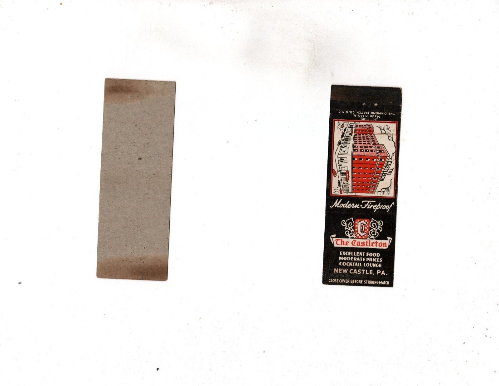 Vintage Matchcover  The Castleton New Castle PA