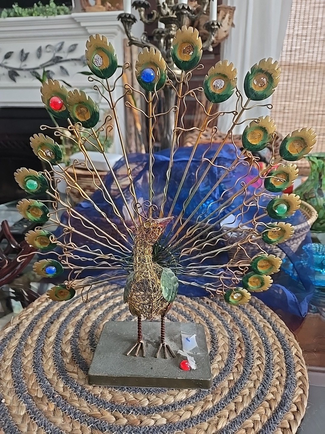 Vtg Metal Peacock 14x13 Gold And Green With Stones And Wirework