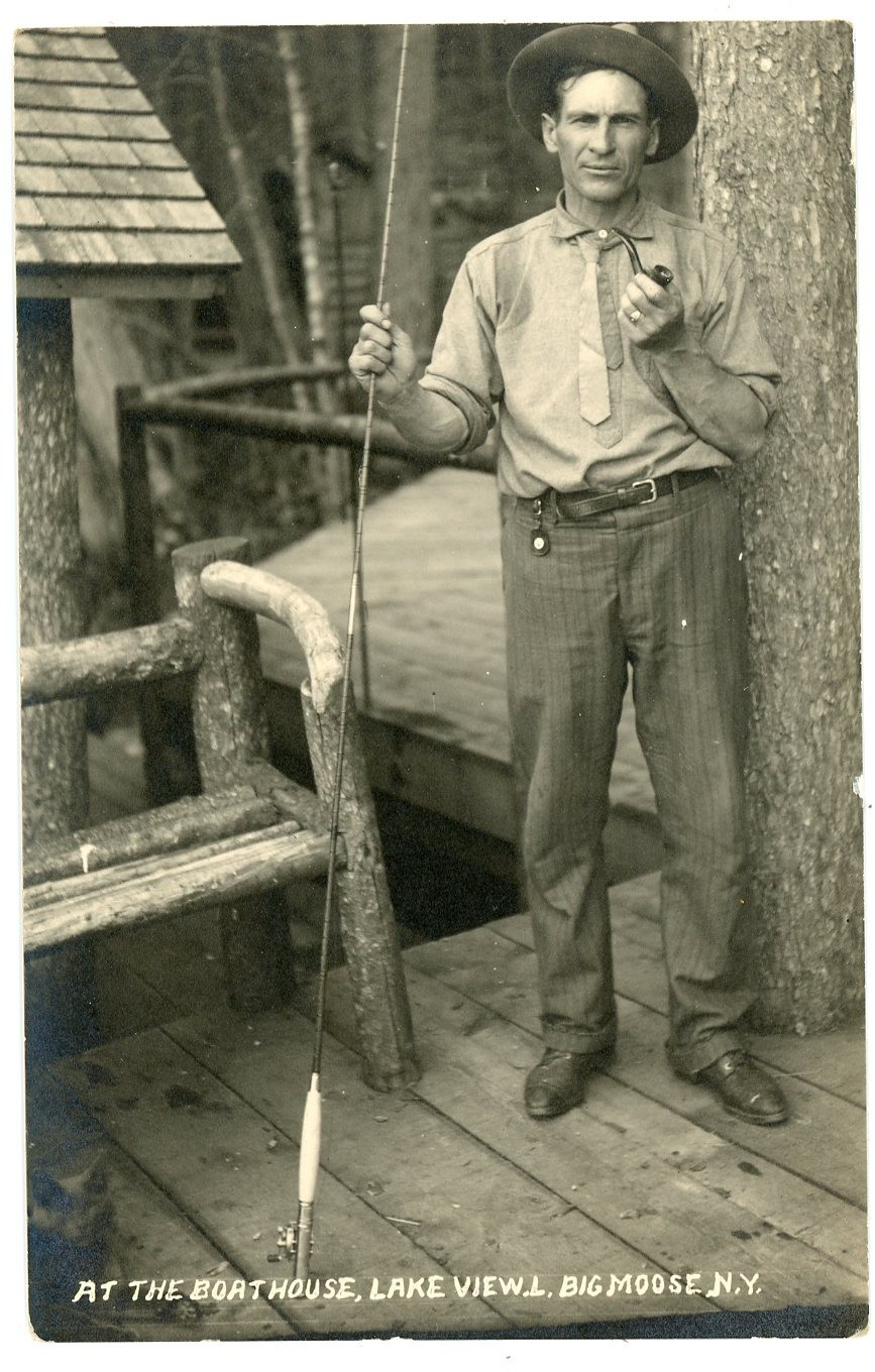 RPPC NY Adirondacks Big Moose Lake View Lodge Fisherman at Boathouse Herkimer Co
