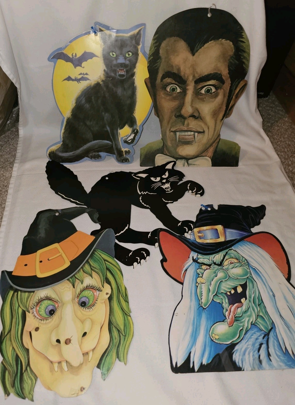 Lot Of 5 Vintage Eureka Halloween Die Cut Cutout Decorations Witch, Cat, Etc