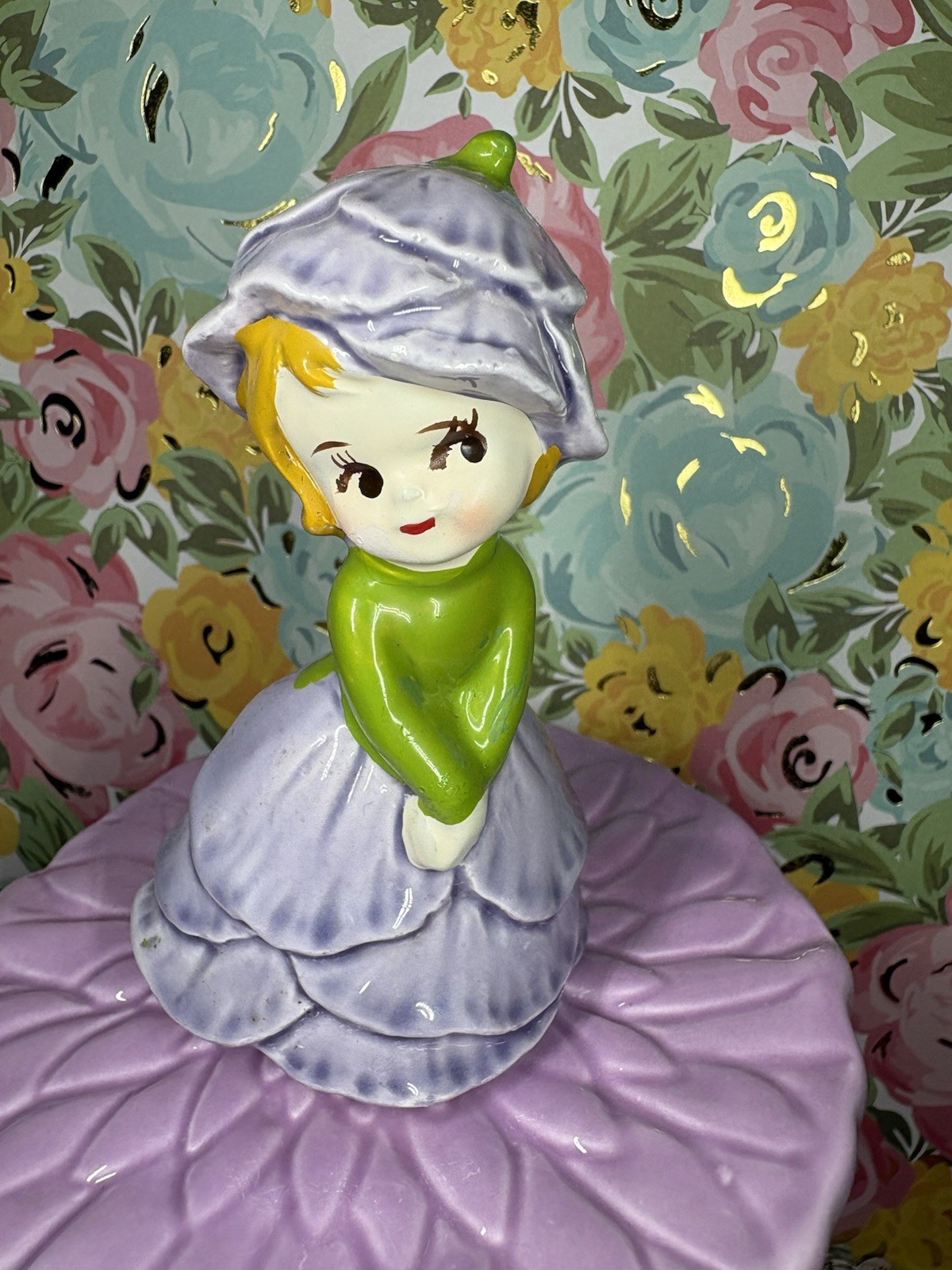 Vtg Flower Petal Girl Lavender & Green Dress & Hat Enesco Napco? Figurine Japan Vtg Flower Petal Girl Lavender & Green Dress & Hat Enesco Napco? Figurine Japan