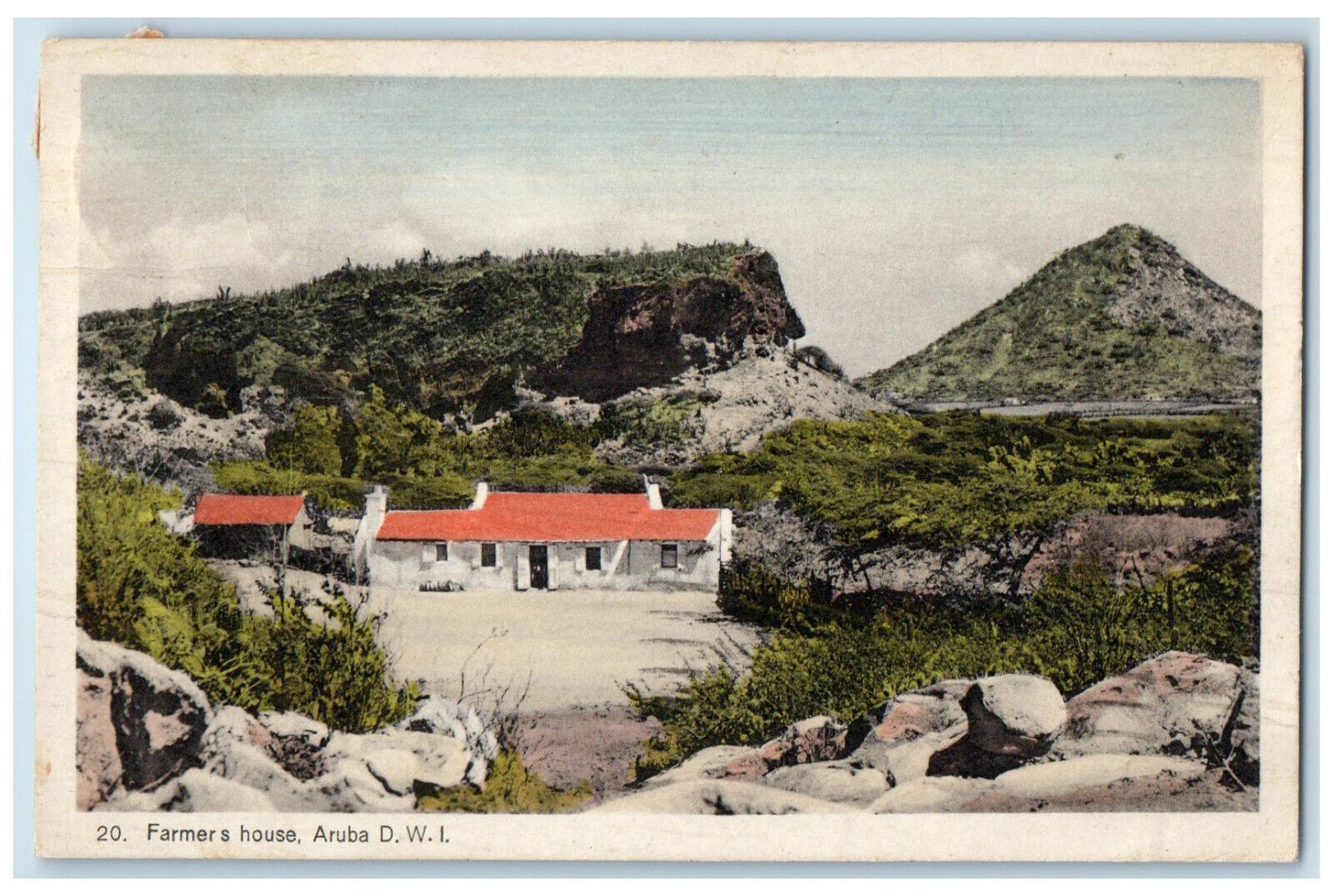 1940 Farmers House Rocky Mountain in Background Aruba D.W.I. Vintage Postcard