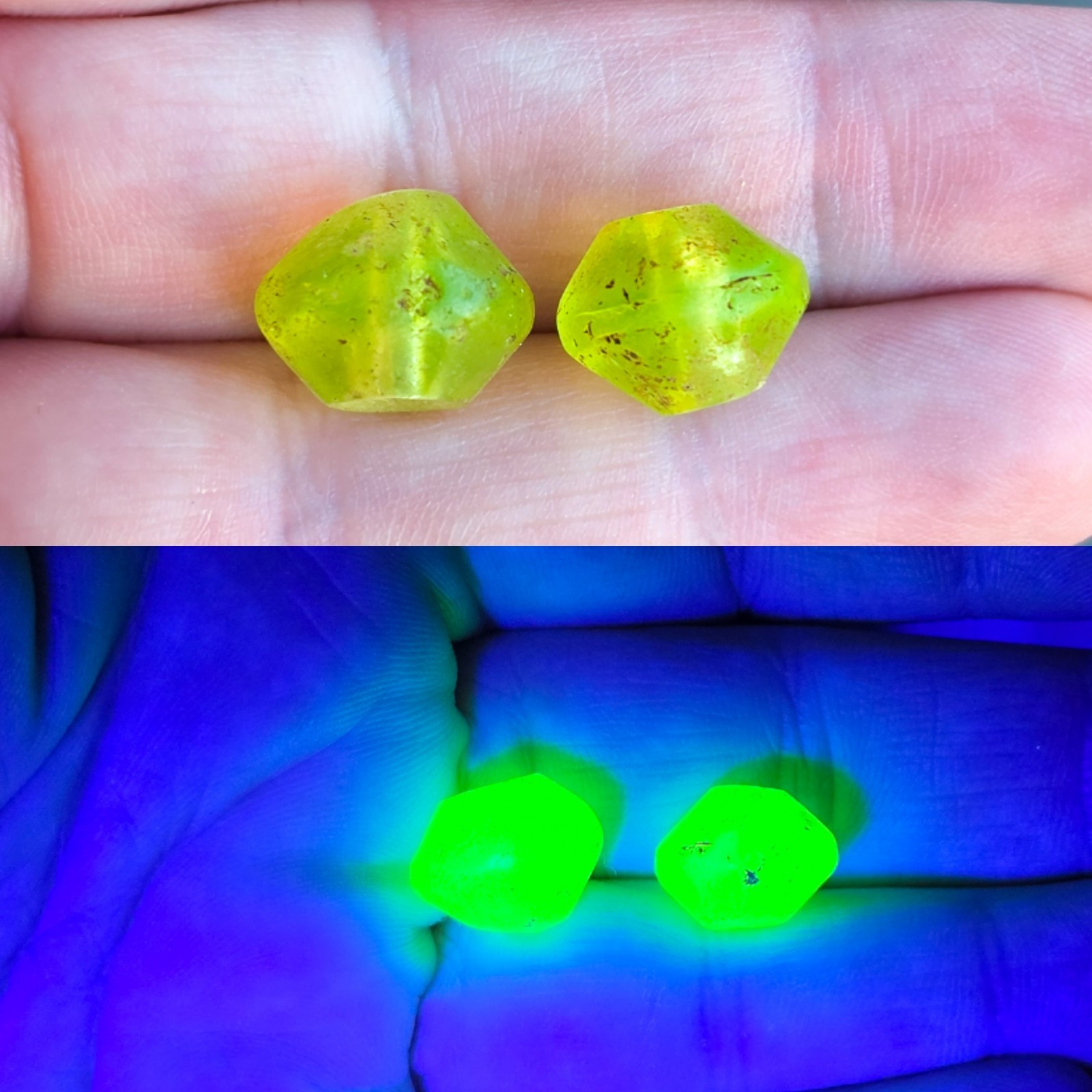Antique c.1800s Vaseline African Trade Beads Uranium Glass 2pcs