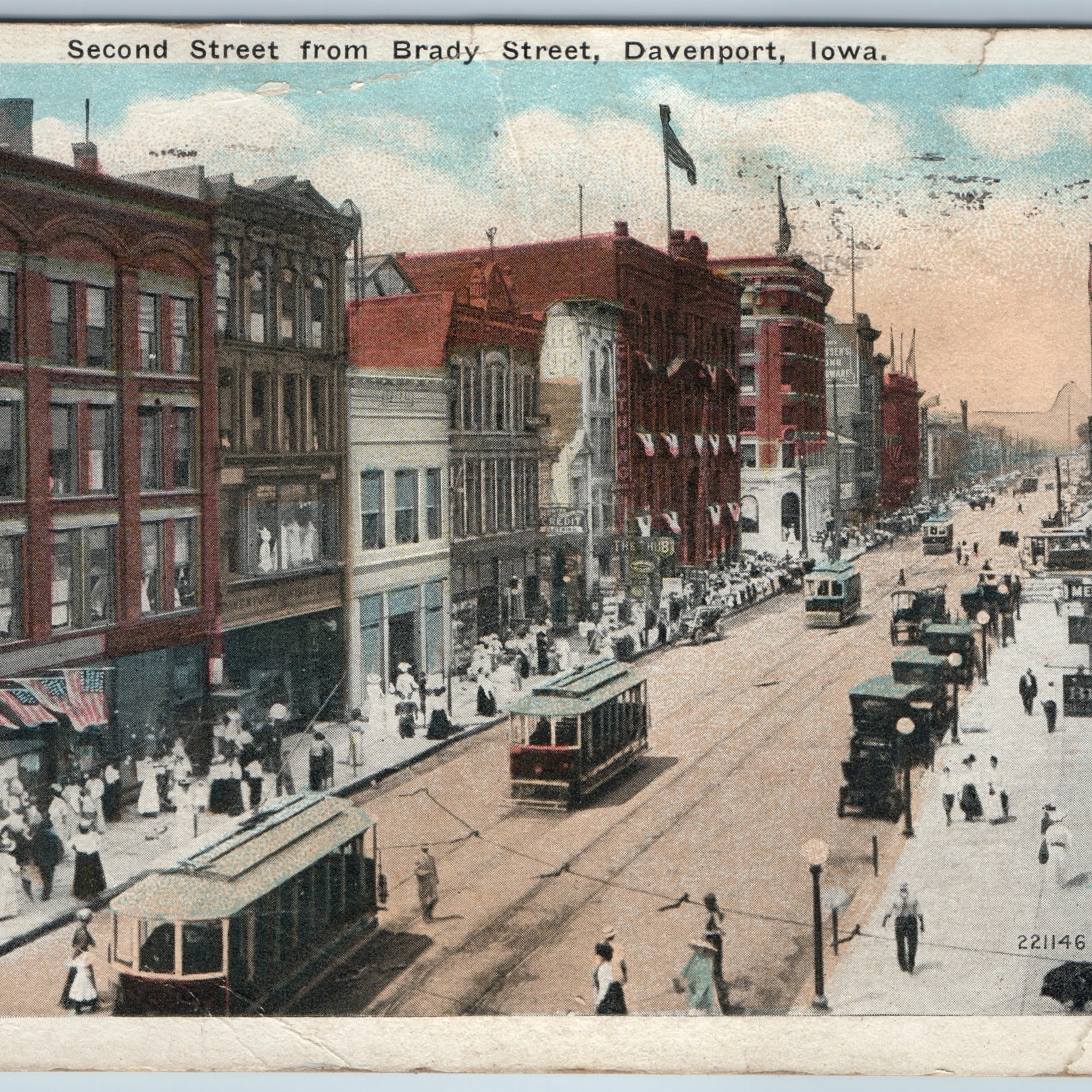c1920s Davenport, IA Second St from Brady Streetcar Postcard Busy Down Town View