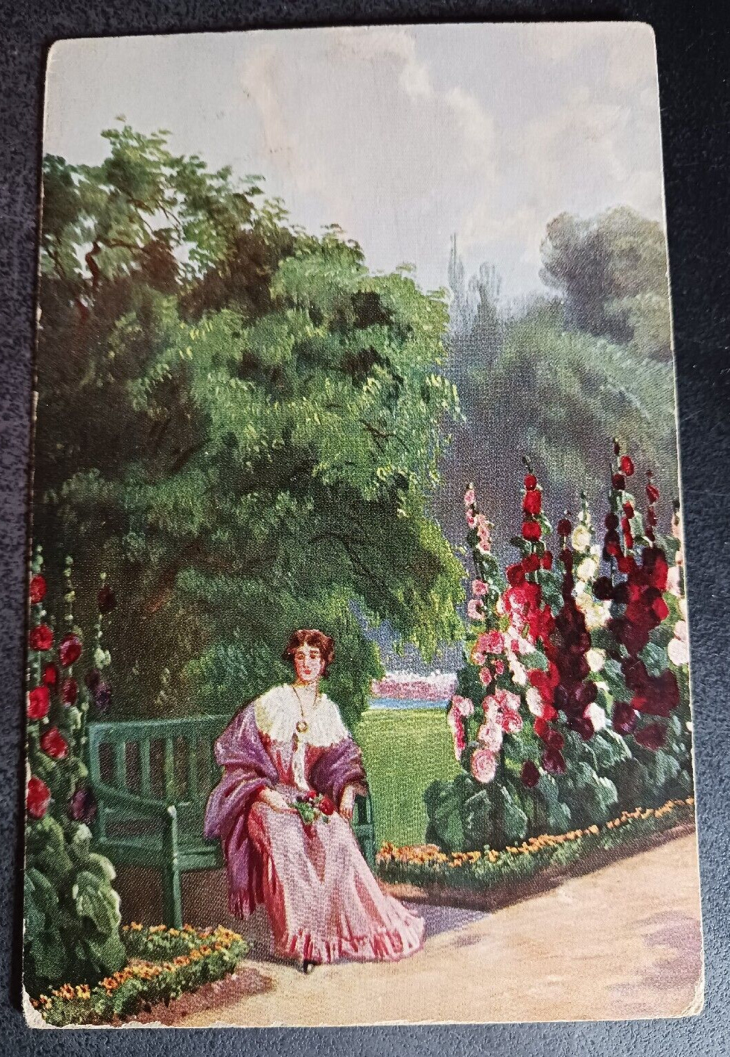 ca 1911 postcard G.A. Novelty Art Series #866 Lady in Garden Germany writing