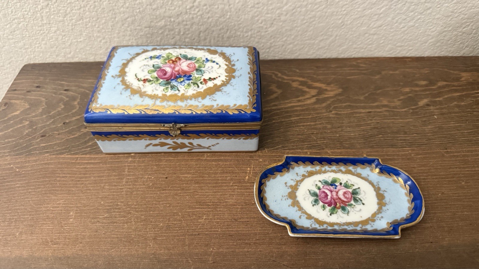 Antique French Porcelain And Brass Trinket Box & Small Tray