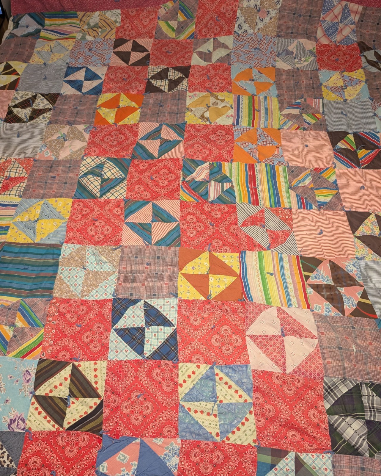 Vintage Handmade Scrappy Pinwheel Quilt 72\