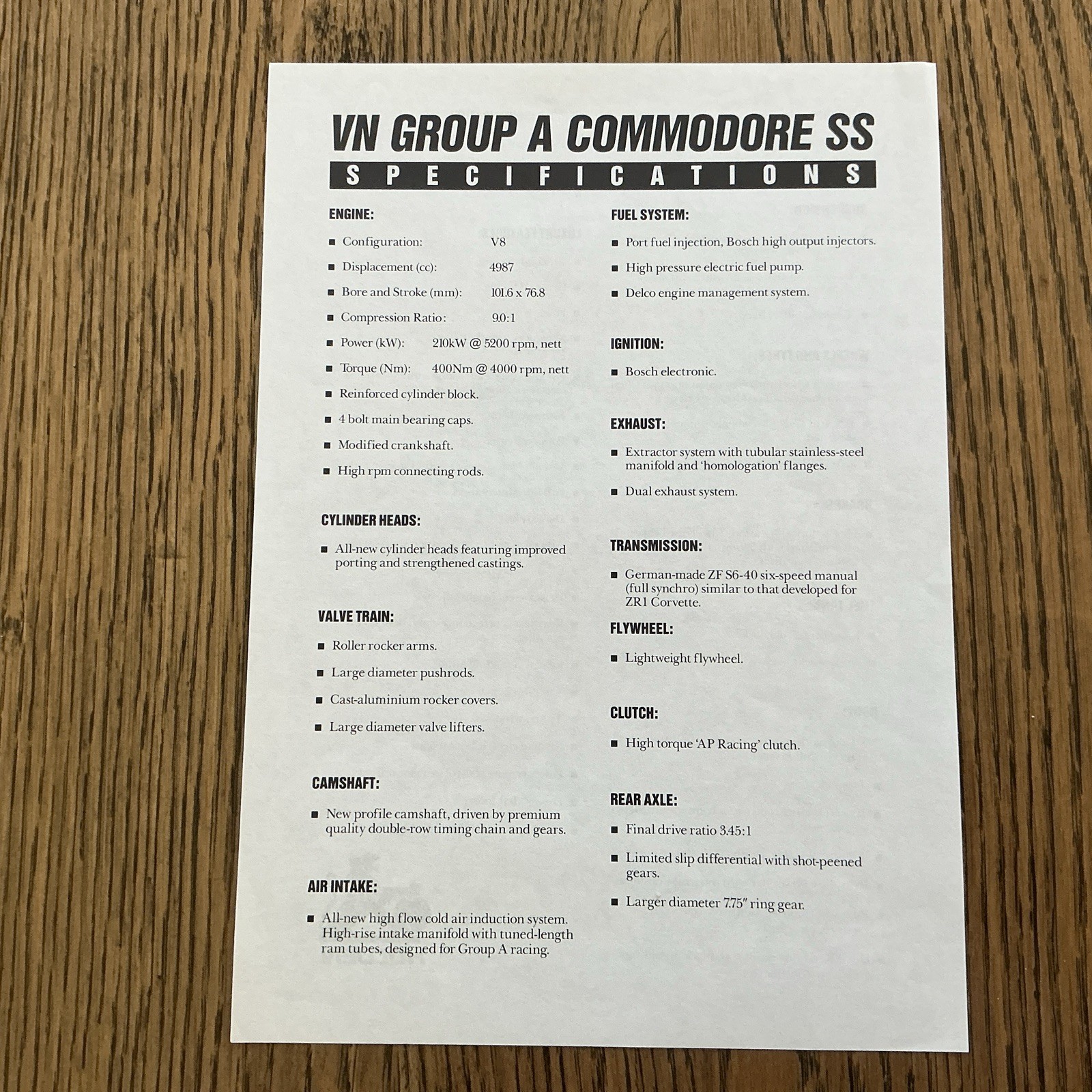 1990 HOLDEN COMMODORE VN GROUP A SS LIMITED EDITION SPECIFICATIONS BROCHURE