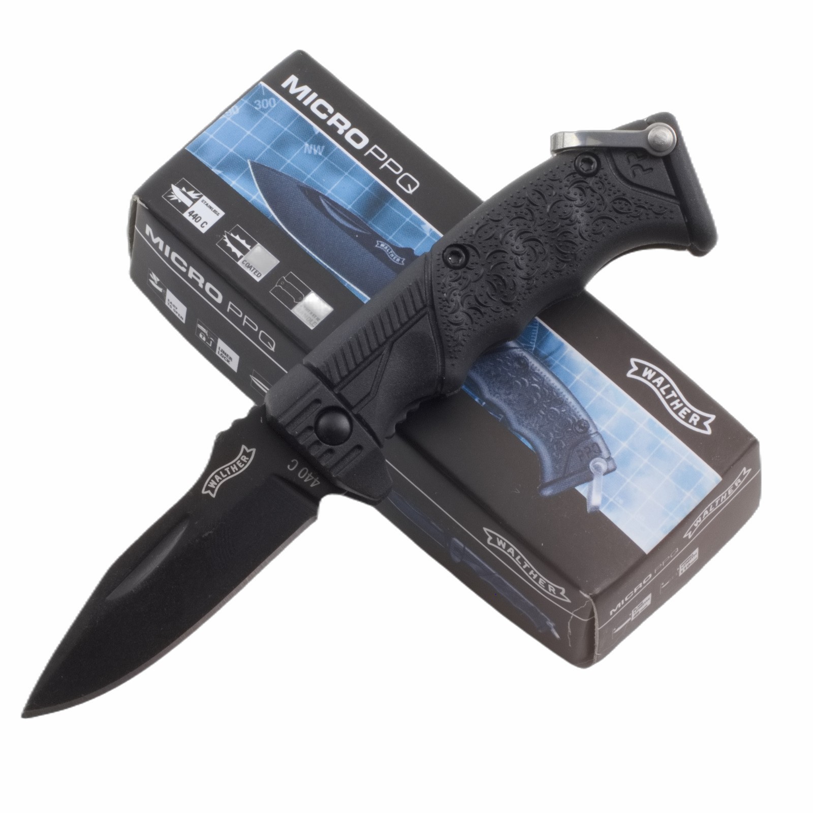 Walther Micro PPQ Black Linerlock Folding Pocket Knife Spear Point Blade